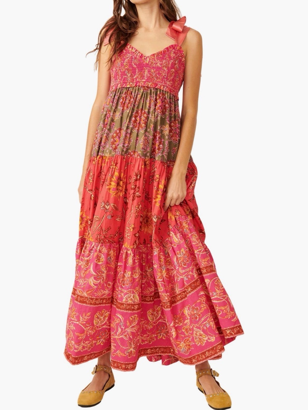 Free People Smocked Floral Maxi Dress in Magenta and Coral